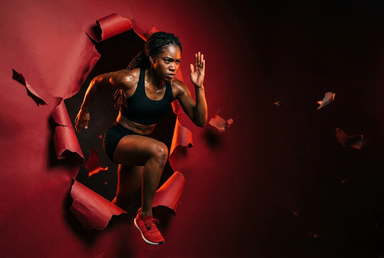 Sprinter bursting through a wall of torn red paper