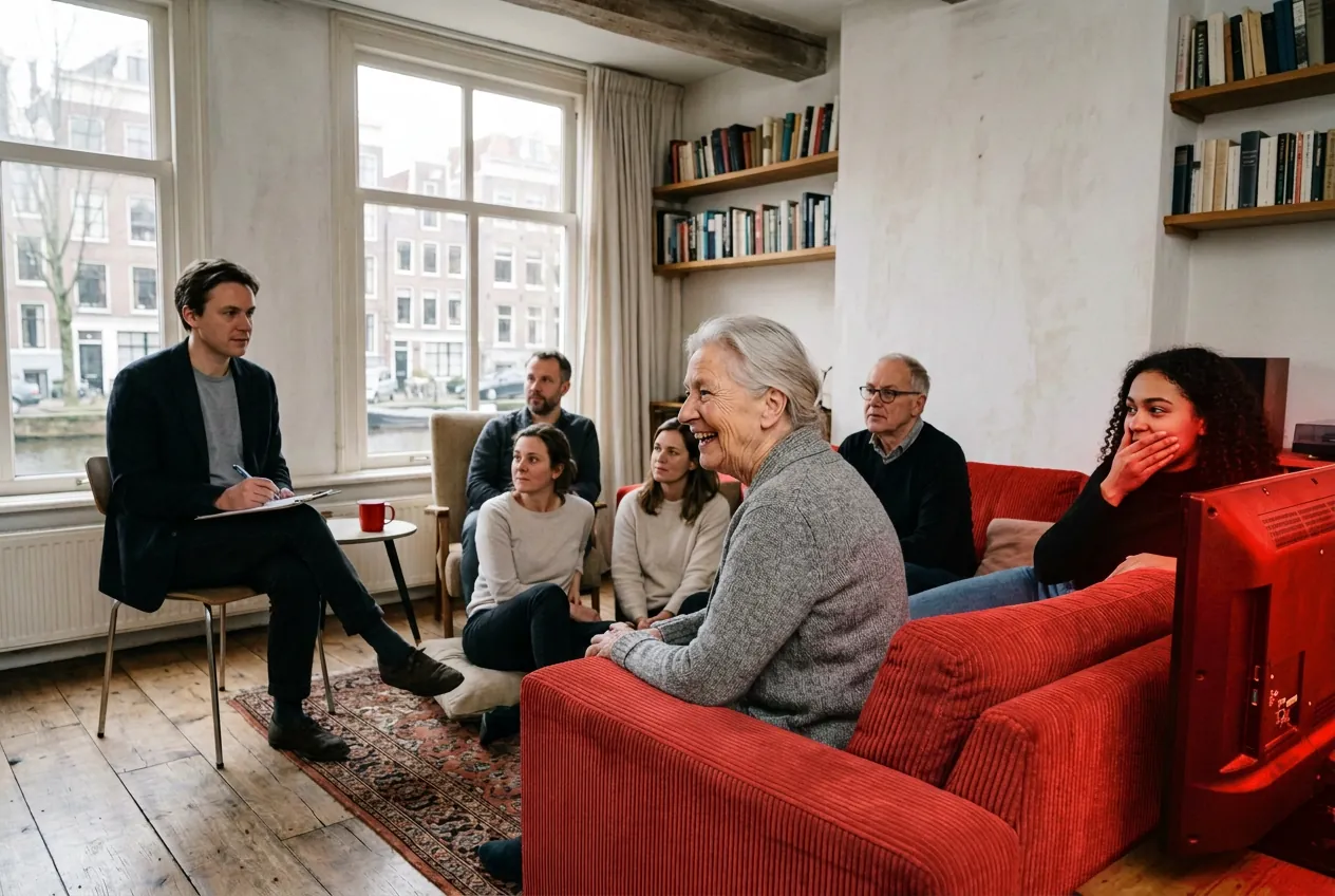 A small viewing group on a sofa reacting to a television ad