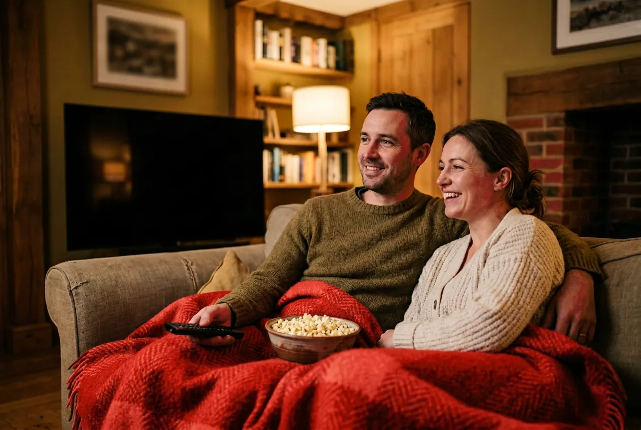 A couple on a sofa watching a large wall-mounted television