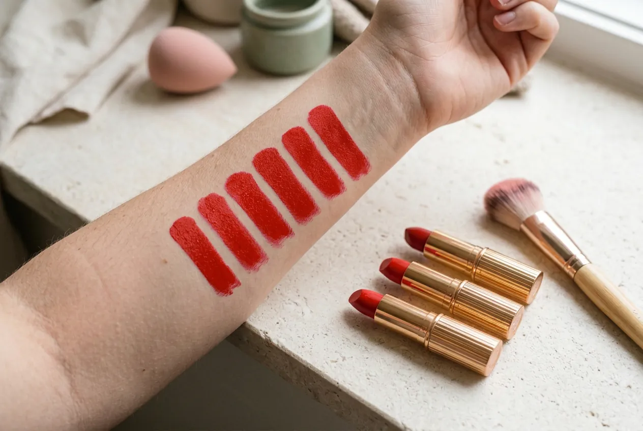 Lipstick swatches on a forearm with three open lipstick bullets