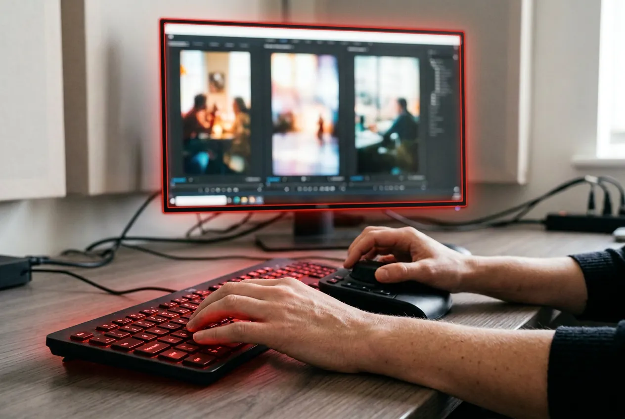 An editor’s hands on a keyboard with vertical video frames on screen