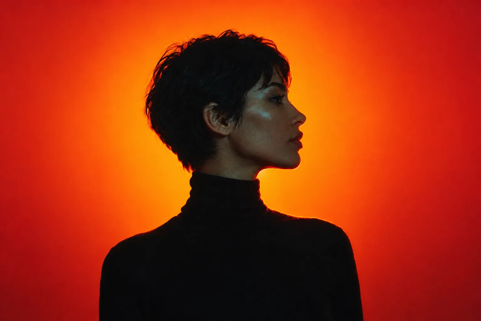 Woman in profile, silhouetted against glowing red-orange light